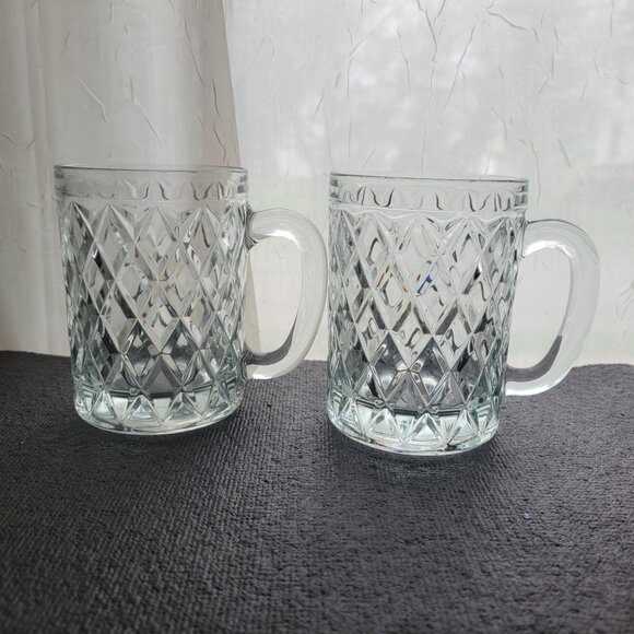 Sebastian Set Of 2 Diamond-Cut Glass Mugs With Handles Clear Vintage Style 4.5" - Picture 1 of 7